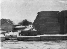 'Reserve de bois sur une rive de la Dvina. 1916. Creator: Unknown