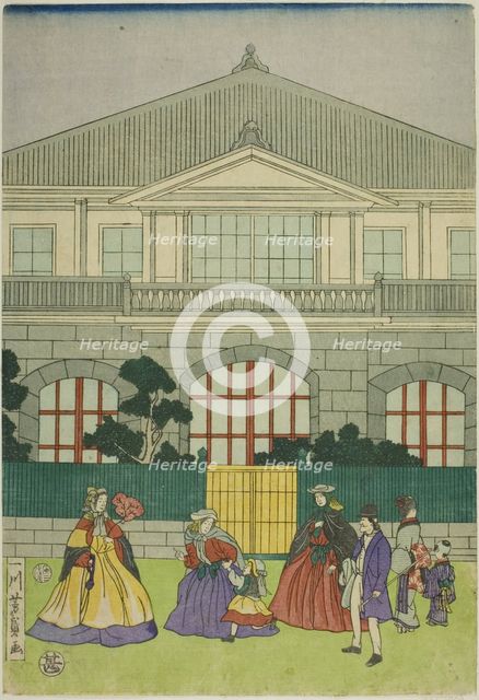 Residence of French Merchant at Port of Yokohama (Yokohama ko Furansu shokan no zu), 1866. Creator: Yoshikazu.