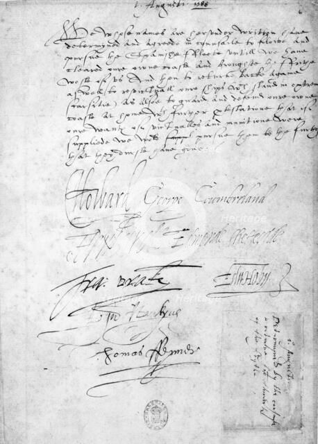 Resolution of the commanders of the British fleet opposing the Armada, 1588. Creator: Unknown.