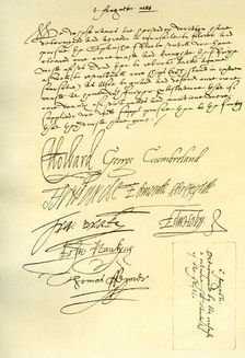 Resolution of a Council of War of the English commanders, 1st August 1588.Artist: Sir Francis Drake