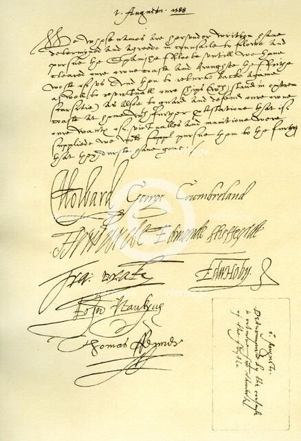 Resolution of a Council of War of the English commanders, 1st August 1588.Artist: Sir Francis Drake