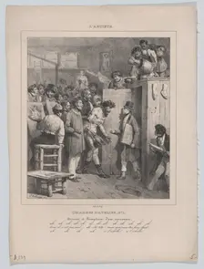 Responsibilities of an Atelier: Number 1: The Arrival and Reception of a Newcomer, 1832., Creator: Hippolyte Bellangé