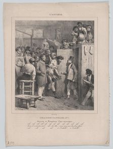 Responsibilities of an Atelier: Number 1: The Arrival and Reception of a Newcomer, 1832., Creator: Hippolyte Bellangé