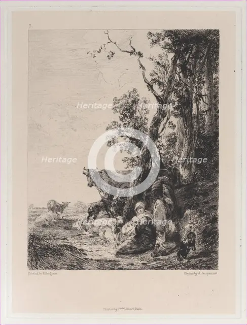 Rest, a Landscape with Figures and Cattle, after Nicolaes Berchem, 1871. Creator: Jules-Ferdinand Jacquemart.