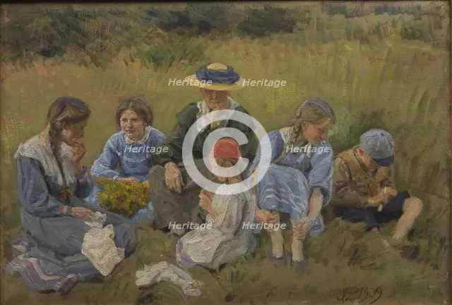 Rest in the meadow; The artist's wife and children, 1909. Creator: Joakim Skovgaard.