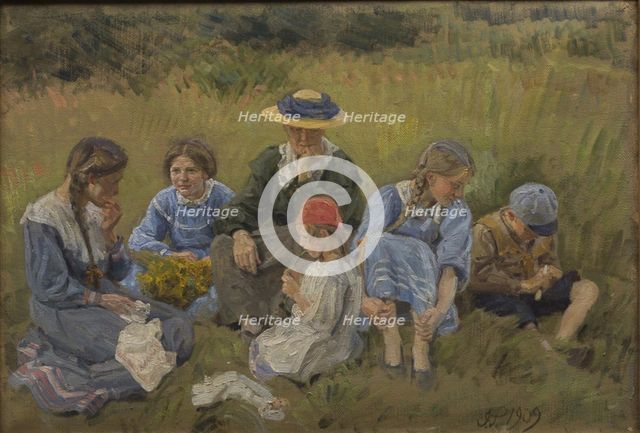 Rest in the meadow; The artist's wife and children, 1909. Creator: Joakim Skovgaard.