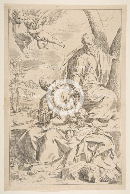 Rest on the flight into Egypt, Mary holding the infant Christ while St. Joseph hands h..., ca. 1639. Creator: Simone Cantarini.