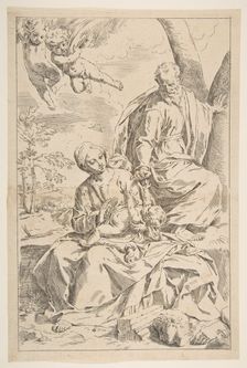 Rest on the flight into Egypt, Mary holding the infant Christ while St. Joseph hands h..., ca. 1639. Creator: Simone Cantarini