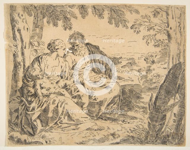 Rest on the flight into Egypt, Mary holding the infant Christ while St. ..., ca. 1637-1639 or after. Creator: Simone Cantarini.
