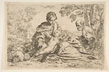 Rest on the flight into Egypt, Mary holding the infant Christ with St. Joseph ..., ca.1640 or after. Creator: Unknown