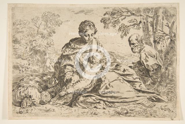 Rest on the flight into Egypt, Mary holding the infant Christ with St. Joseph ..., ca.1640 or after. Creator: Unknown.