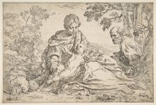 Rest on the flight into Egypt, Mary holding the infant Christ with St. Joseph at right, ca. 1640. Creator: Simone Cantarini