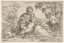 Rest on the flight into Egypt, Mary holding the infant Christ with St. Joseph..., ca. 1640 or after. Creator: Unknown