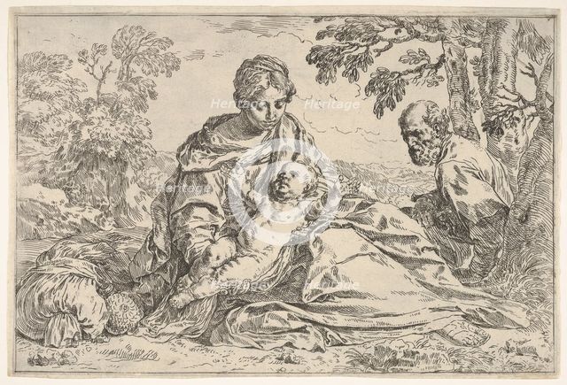 Rest on the flight into Egypt, Mary holding the infant Christ with St. Joseph..., ca. 1640 or after. Creator: Unknown.