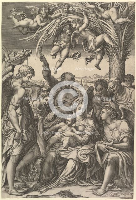 Rest on the Flight into Egypt; the Holy Family under a palm tree surrounded by angels, put..., 1578. Creator: Giorgio Ghisi.