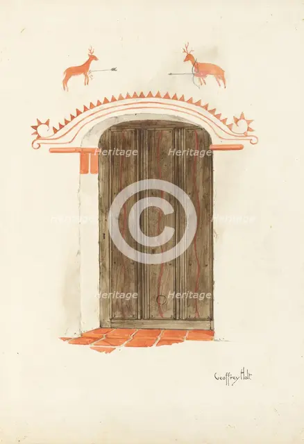 Restoration Drawing: Wall Decoration Over Doorway, Facade of Mission-House, c. 1937. Creator: Geoffrey Holt.