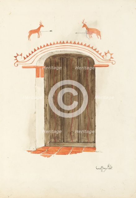 Restoration Drawing: Wall Decoration Over Doorway, Facade of Mission-House, c. 1937. Creator: Geoffrey Holt.