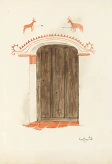Restoration Drawing: Wall Decoration Over Doorway, Facade of Mission-House, c. 1937. Creator: Geoffrey Holt