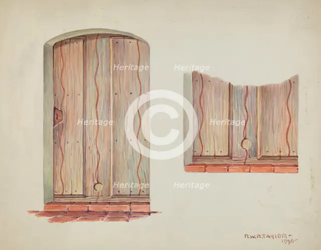 Restoration Drawing: Wall Decoration over Doorway, Facade of Mission House, 1936. Creator: Robert W.R. Taylor.