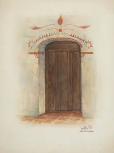 Restoration Drawing Wall Painting and Door, Facade Mission House, 1937. Creators: Geoffrey Holt, Harry Mann Waddell
