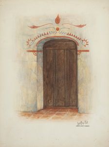 Restoration Drawing Wall Painting and Door, Facade Mission House, 1937. Creators: Geoffrey Holt, Harry Mann Waddell