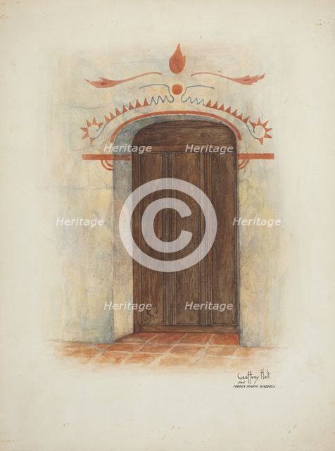 Restoration Drawing Wall Painting and Door, Facade Mission House, 1937. Creators: Geoffrey Holt, Harry Mann Waddell.