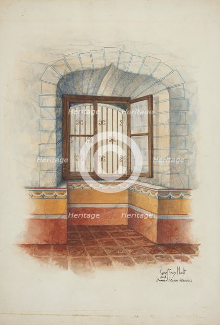 Restoration Drawing: Wall Painting Around Window, with Grille, c. 1939. Creators: Geoffrey Holt, Harry Mann Waddell.