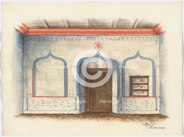 Restoration Drawing: Wall Painting, c. 1939. Creators: Geoffrey Holt, Harry Mann Waddell.