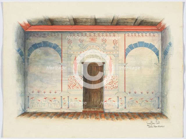 Restoration Drawing: Wall Painting; Door, 1937. Creators: Geoffrey Holt, Harry Mann Waddell.
