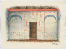 Restoration Drawing: Wall Painting; Door, 1937. Creators: Geoffrey Holt, Harry Mann Waddell