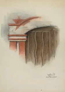 Restoration Drawing: Detail of Arch, Main Doorway, and Door, Mission-House, c. 1937. Creators: Geoffrey Holt, Harry Mann Waddell
