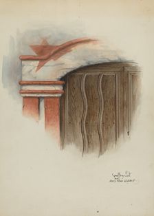 Restoration Drawing: Detail of Arch, Main Doorway, and Door, Mission-House, c. 1937. Creators: Geoffrey Holt, Harry Mann Waddell