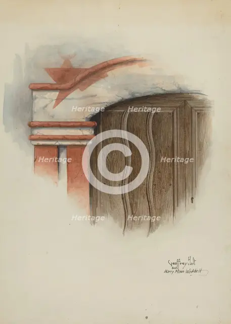 Restoration Drawing: Detail of Arch, Main Doorway, and Door, Mission-House, c. 1937. Creators: Geoffrey Holt, Harry Mann Waddell.