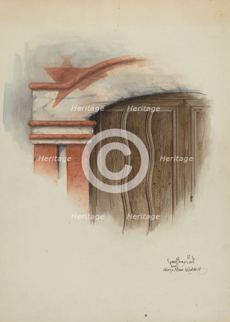 Restoration Drawing: Detail of Arch, Main Doorway, and Door, Mission-House, c. 1937. Creators: Geoffrey Holt, Harry Mann Waddell.