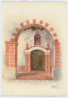 Restoration Drawing: Main Doorway & Arch to Mission House, 1938. Creators: Geoffrey Holt, Harry Mann Waddell
