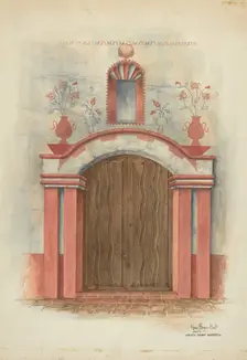 Restoration Drawing: Main Doorway, with Decorations, Mission House, 1938. Creators: Geoffrey Holt, Harry Mann Waddell