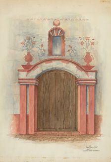 Restoration Drawing: Main Doorway, with Decorations, Mission House, 1938. Creators: Geoffrey Holt, Harry Mann Waddell