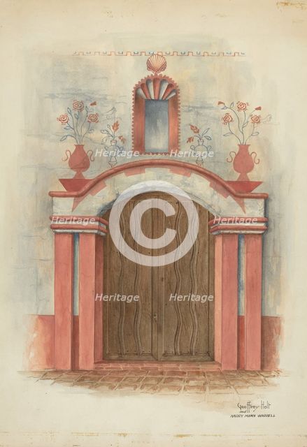 Restoration Drawing: Main Doorway, with Decorations, Mission House, 1938. Creators: Geoffrey Holt, Harry Mann Waddell.