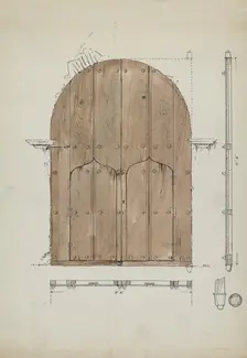 Restoration Drawing of Original "Needle's Eye"Doors, Formerly Main Entrance Doors of, c. 1936. Creator: Geoffrey Holt