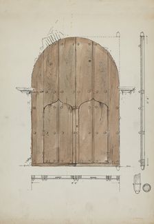 Restoration Drawing of Original "Needle's Eye"Doors, Formerly Main Entrance Doors of, c. 1936. Creator: Geoffrey Holt