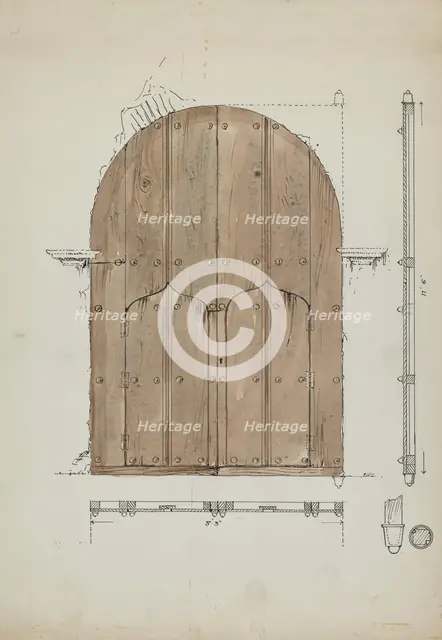 Restoration Drawing of Original "Needle's Eye"Doors, Formerly Main Entrance Doors of, c. 1936. Creator: Geoffrey Holt.