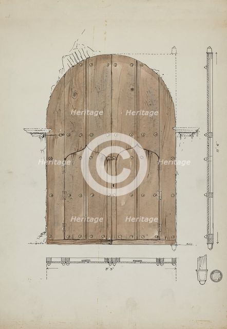 Restoration Drawing of Original "Needle's Eye"Doors, Formerly Main Entrance Doors of, c. 1936. Creator: Geoffrey Holt.