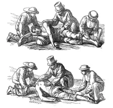 Restorative treatment of the apparently drowned: Dr...Hall's method of inducing respiration, 1864. Creator: Dalziel Brothers