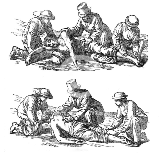 Restorative treatment of the apparently drowned: Dr...Hall's method of inducing respiration, 1864. Creator: Dalziel Brothers.