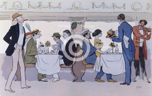 Restaurant Car on the Paris to Nice Train, pub. 1913 (colour lithograph)