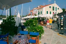 Restaurant on the waterfront in Fiskardo harbour, Kefalonia, Greece