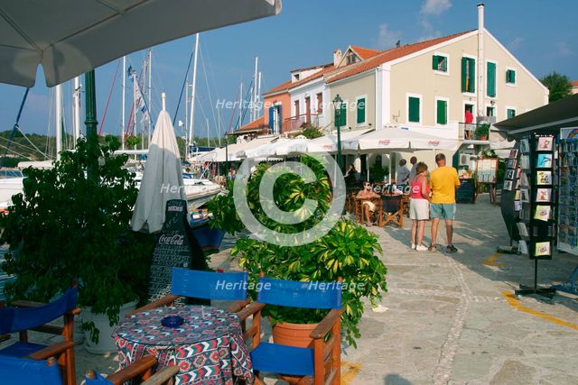 Restaurant on the waterfront in Fiskardo harbour, Kefalonia, Greece.