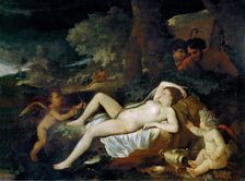 Resting Venus with cupid, ca 1624. Creator: Poussin, Nicolas (1594-1665)