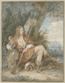 Resting hunter with musket and partridge, near a tree, 1775. Creator: Aert Schouman