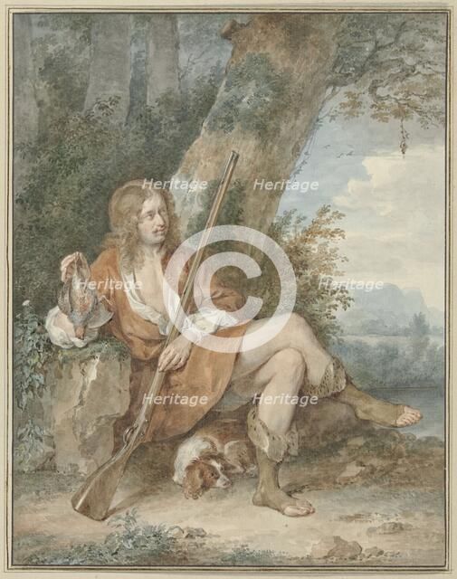 Resting hunter with musket and partridge, near a tree, 1775. Creator: Aert Schouman.